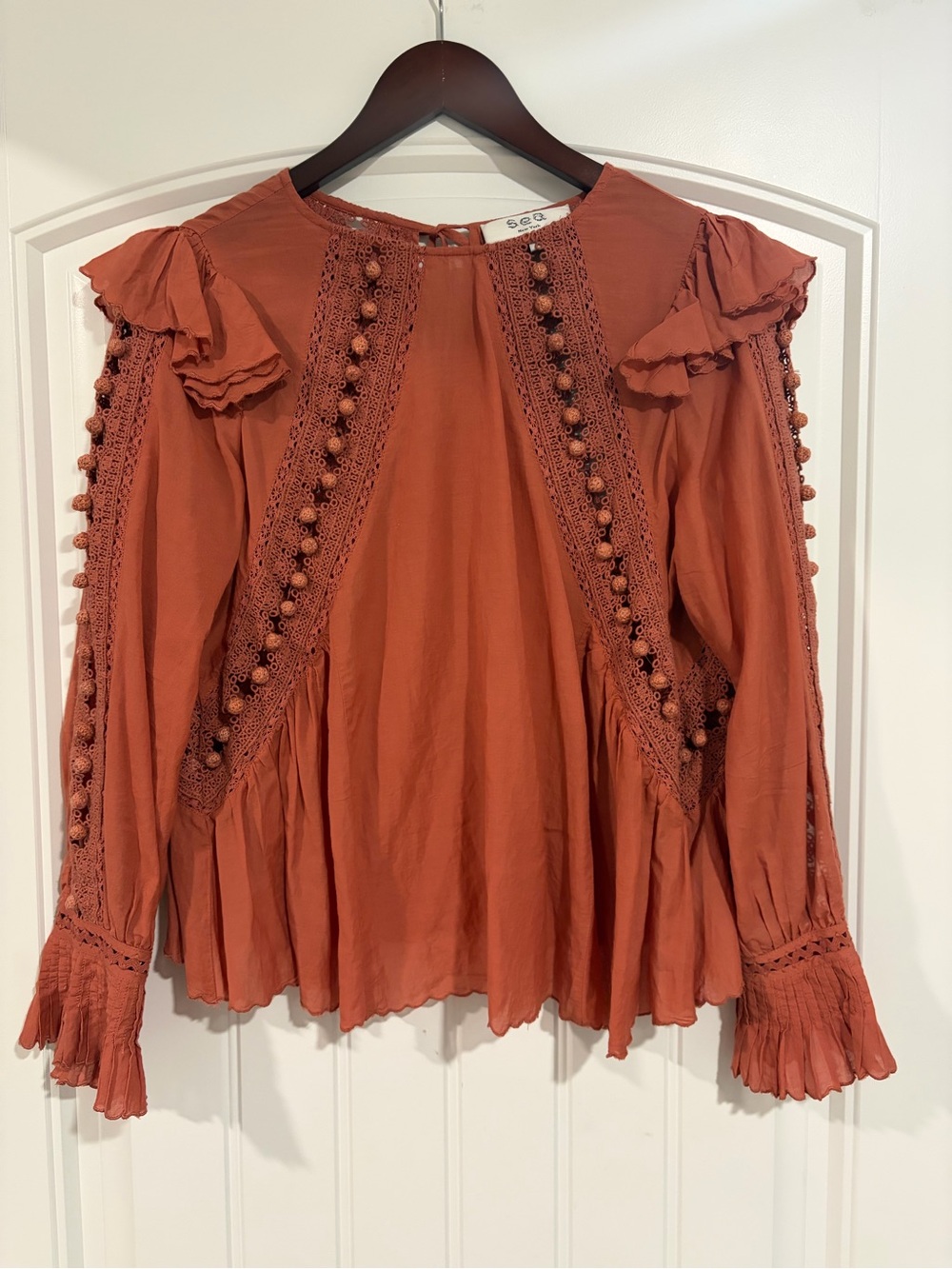 Sea New York Rust Lace Pom-Pom Peasant Blouse